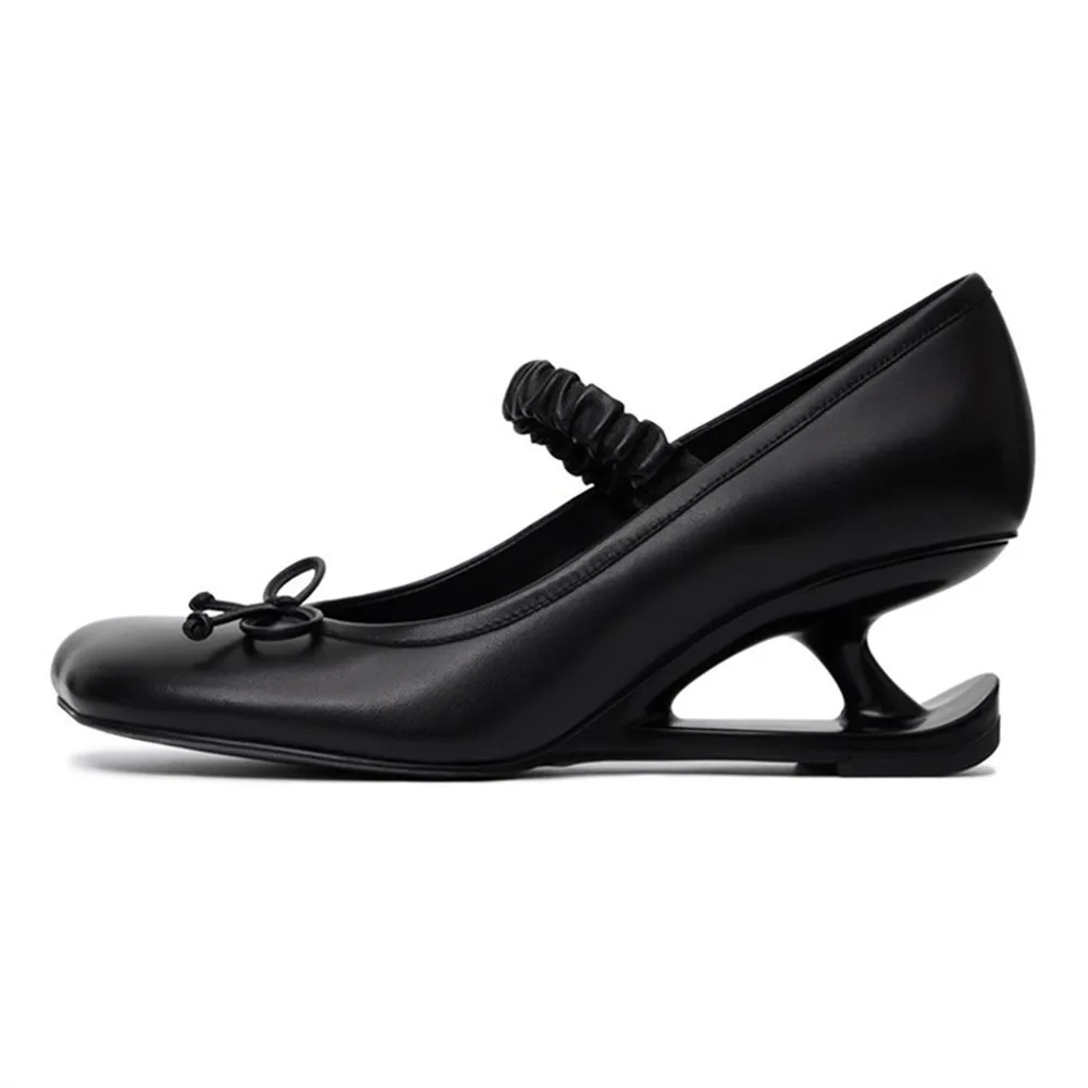 

Women's Red Bow Decor Mary Jane Pumps with Unique Sculptural Heel, Square Toe Ruched Strap Leather Shoes Strange Heels Shoes