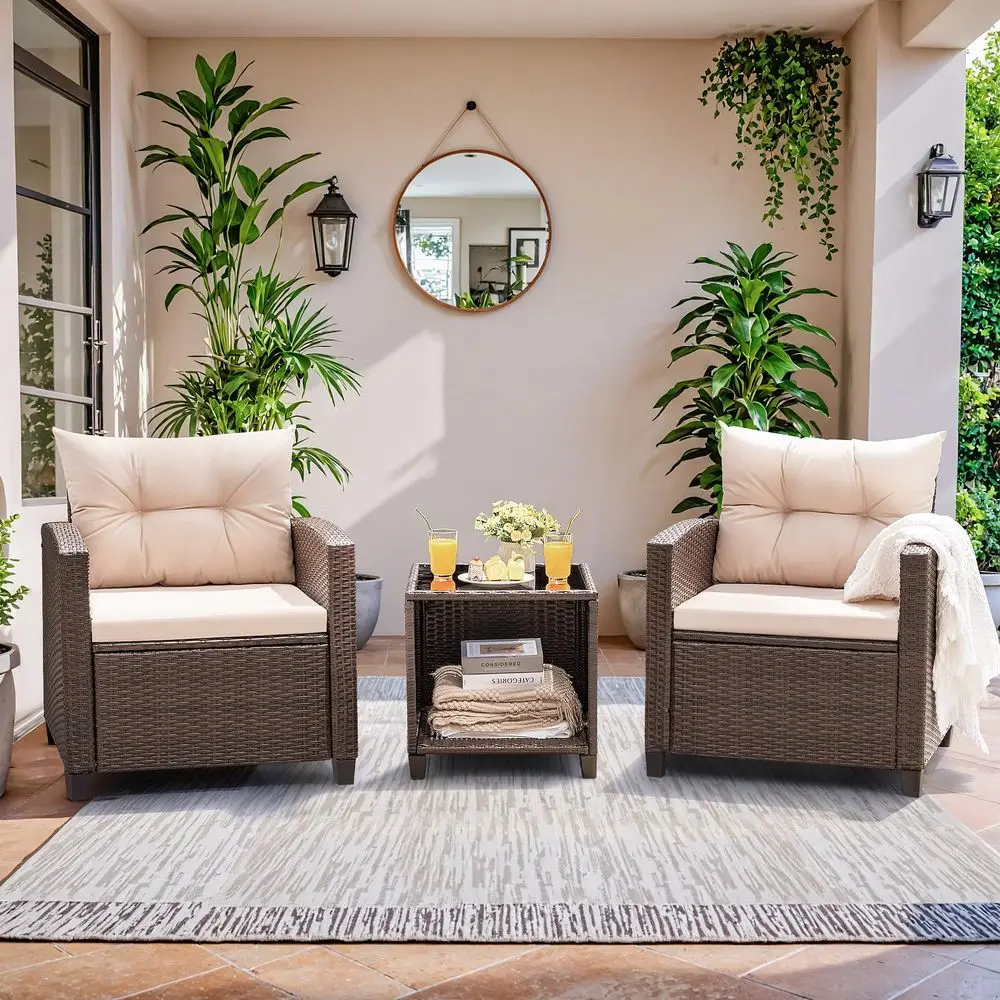 

3 Pieces Patio Furniture Set, PE Rattan Wicker Patio Set with Two Outdoor Chairs and Table, Upgraded Patio Chairs and Table for