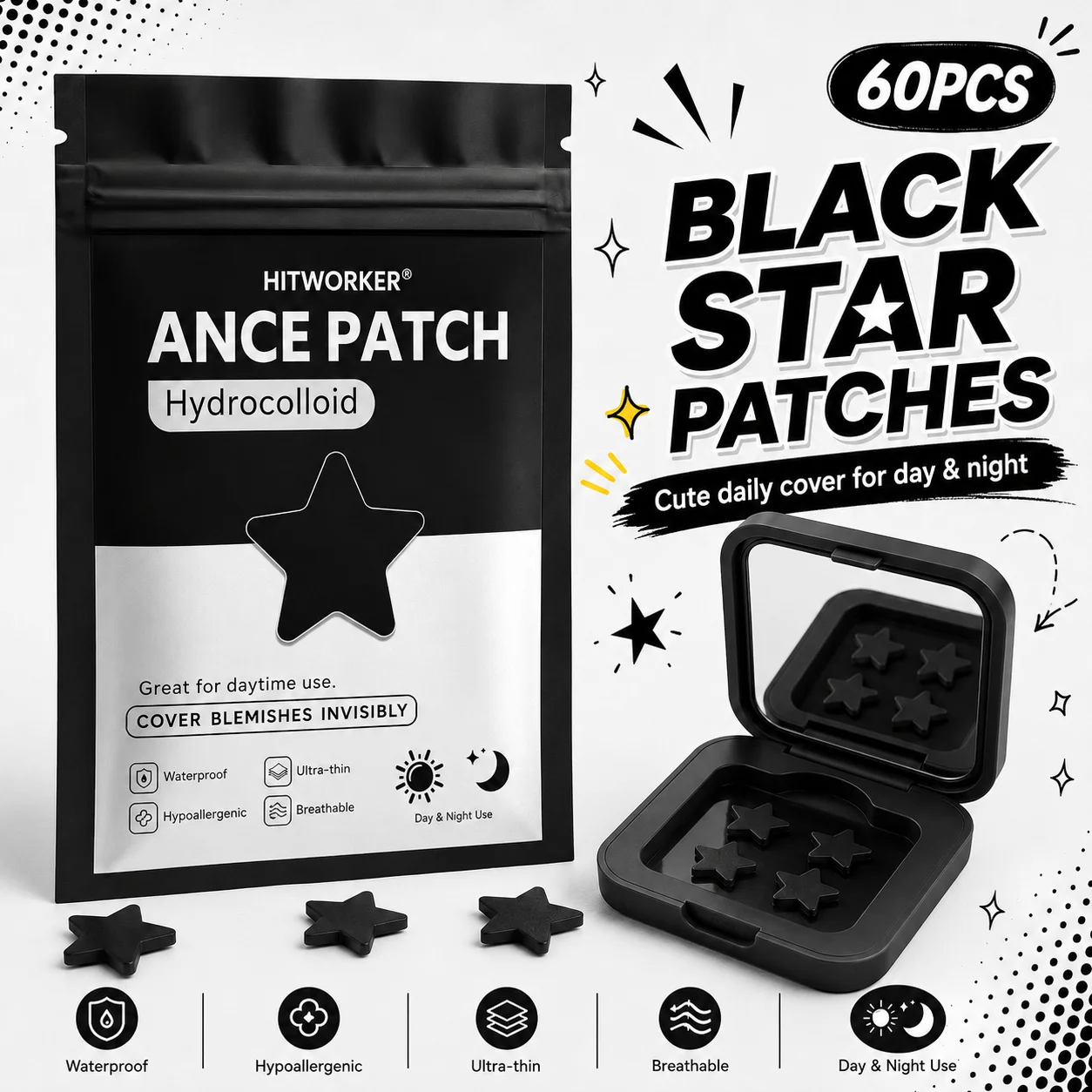 60pcs Black Star Hydrocolloid Spot Cover Patches With Portable Case, Face Stickers, Thin Easy Peel Skin Care