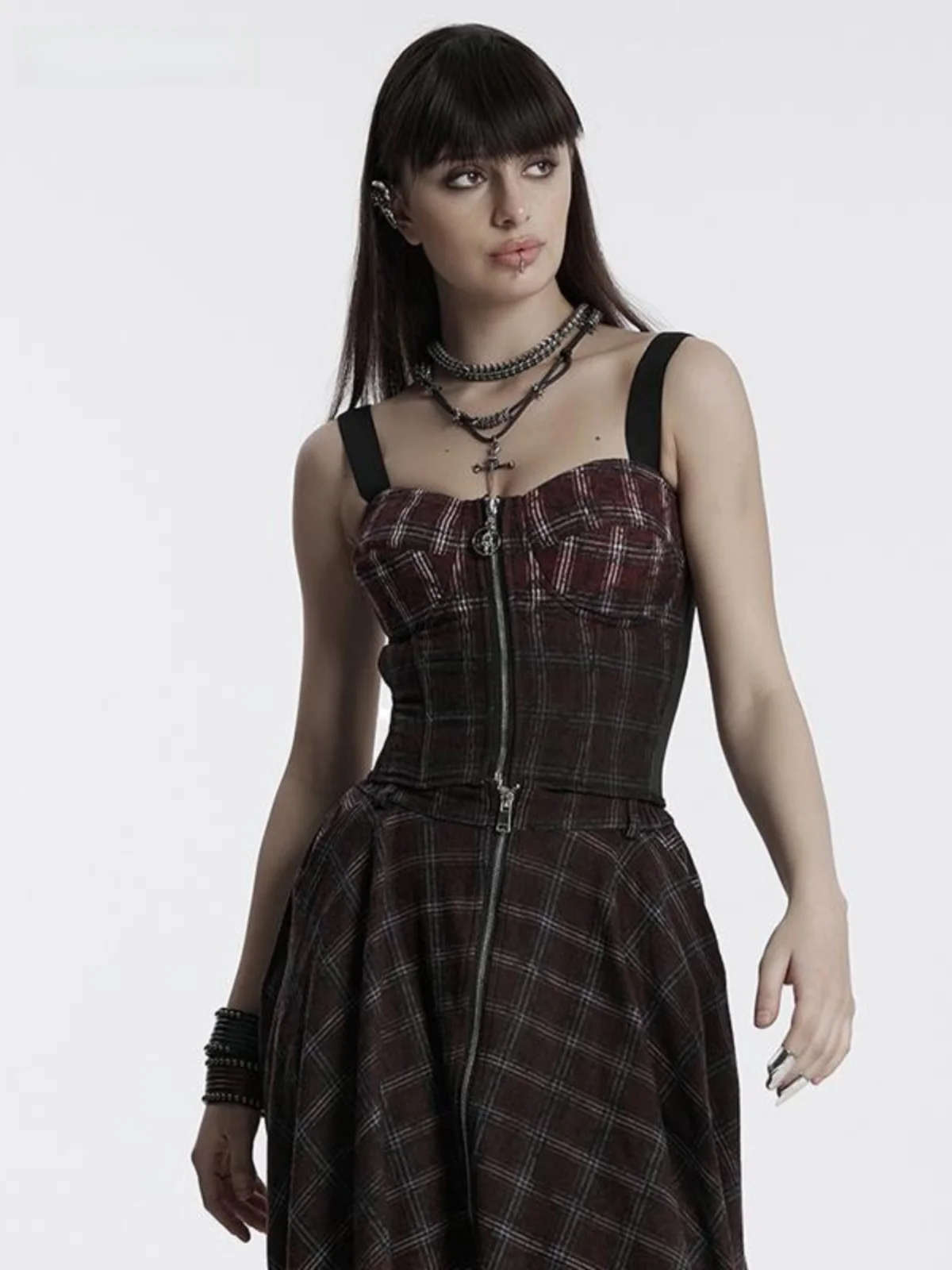 Sexy Short Sleeveless Punk Style Plaid Strap Vest Women's Spring Summer New Fashion Street Style Zipper Slim Fit Polyester Co...