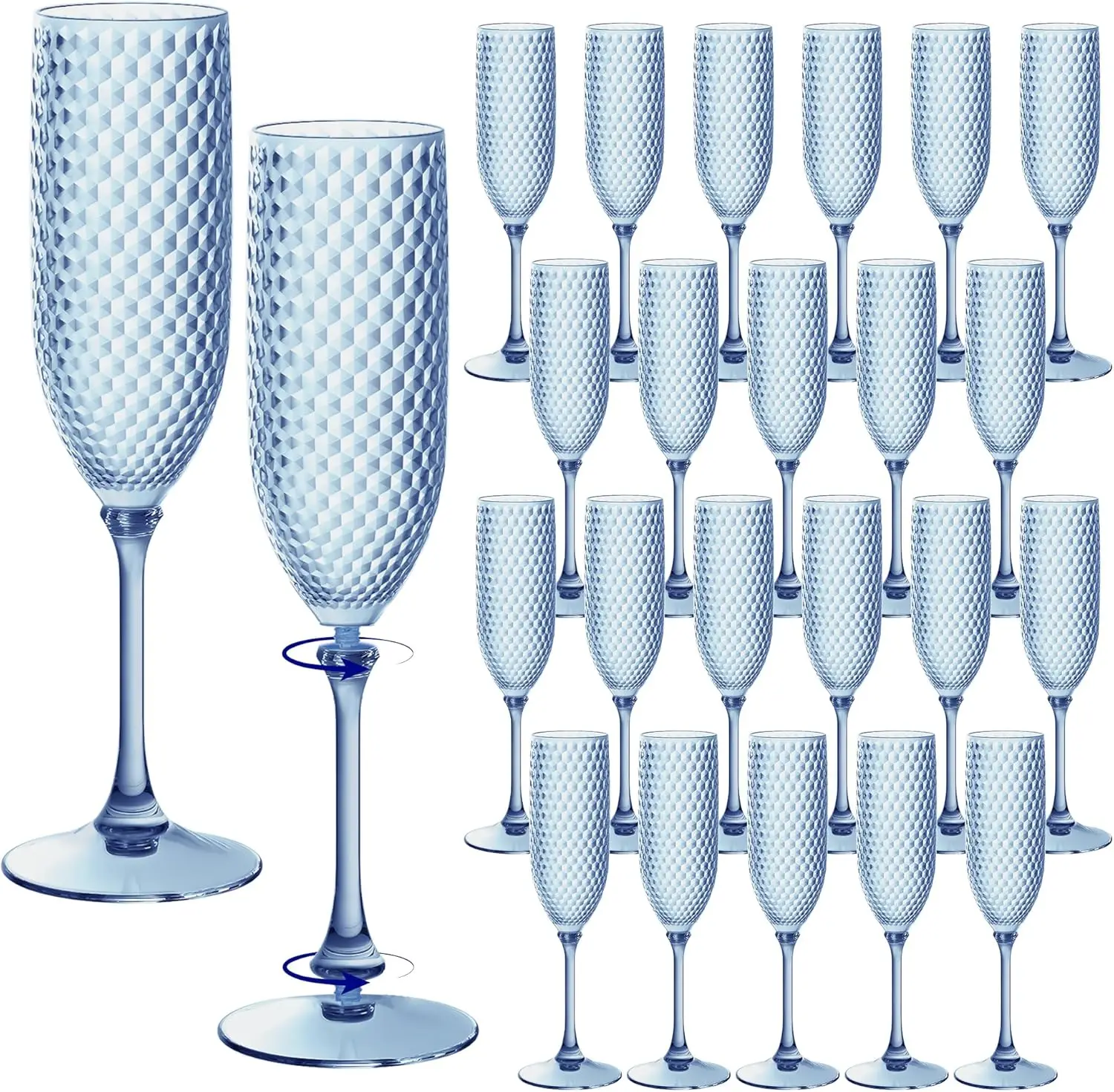 

Blue Plastic Champagne Flutes 24 pcs, 5.5oz Unbreakable BPA-free Stemware for Wedding, Party, Mimosa Bar