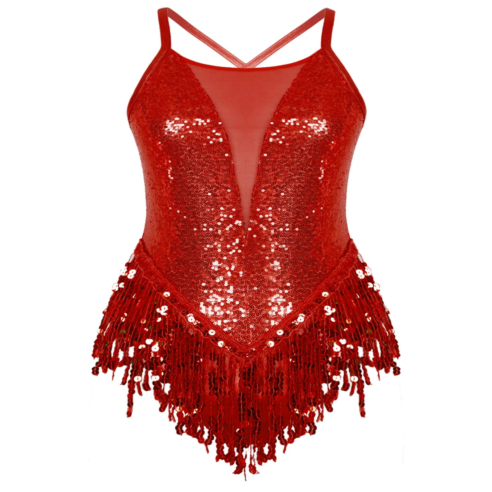 Sparkling Sequins Latin Jazz Dance Leotard Bodysuits Womens Fringed Latin Leotard Jumpsuits for Dance Performance Costumes