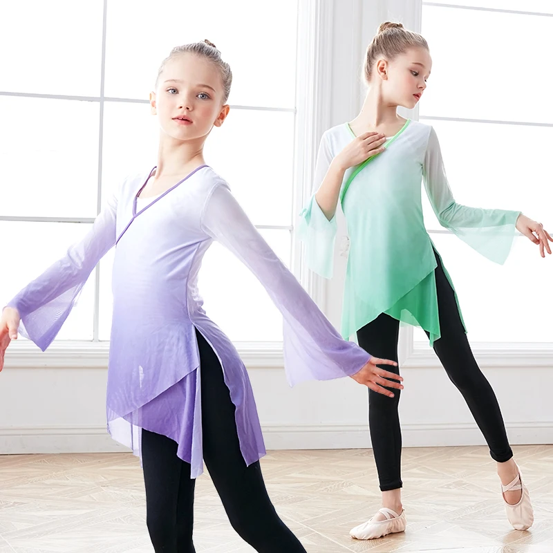 Girls Kids Classical Dance Tops Flare Sleeve Dance Costume Ballet Yoga Tops Graduated Color Folk Dance Coats Gauze Clothes