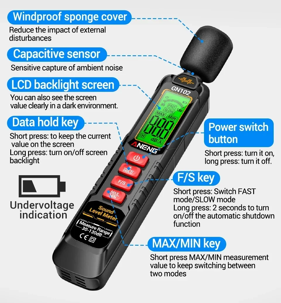 ANENG GN102 Tragbarer Schallpegelmesser 30-130dB A-gewichteter Dezibel-Tester Hintergrundbeleuchteter Bildschirm Datenspeicherung Max/Min Automatische Abschaltung – Detail 9