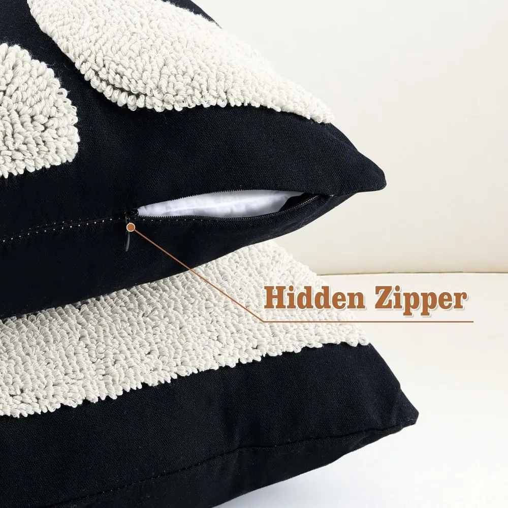 Schwarz-weiße Kissenbezüge im böhmischen Stil, 4er-Set, 45,7 x 45,7 cm, abstraktes geometrisches quadratisches Design, klobige getuftete Pille