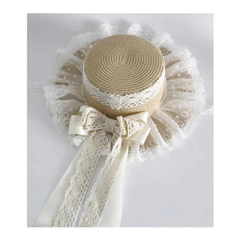 Cappello parasole stile foresta originale Cappello da campagna morbido per ragazza in erba Cappello di paglia galleggiante con fiocco in pizzo stile bambola