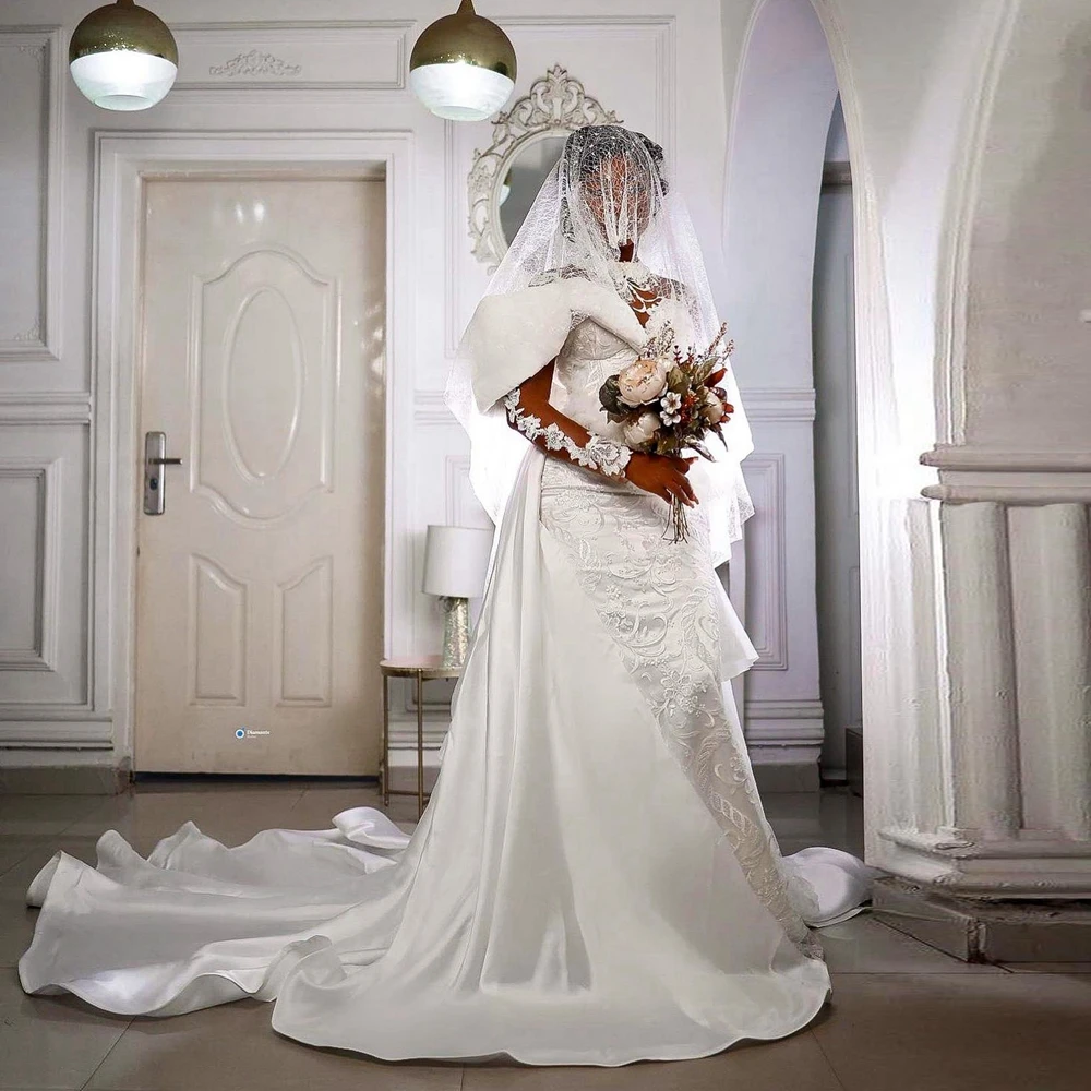 Vestido de novia de encaje bordado de lujo, cuello alto, apliques de malla, vestidos de novia con tren de satén Aso Ebi, vestidos de fiesta de