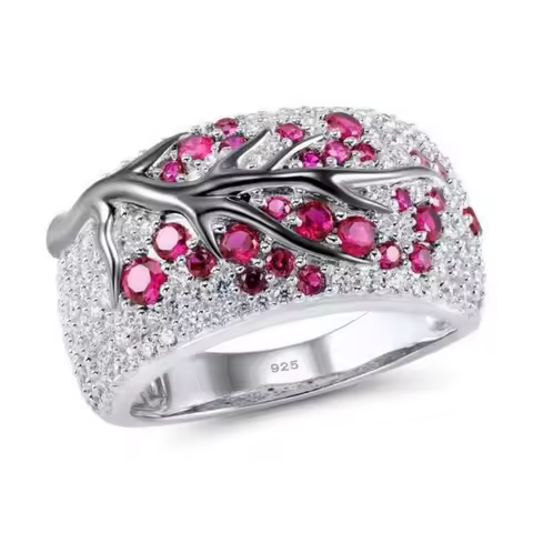 Elegant Adjustable S925 Sterling Silver Plum Branch Ring Red Crystal Women's Wedding Party Jewelry Gift Size 5-11