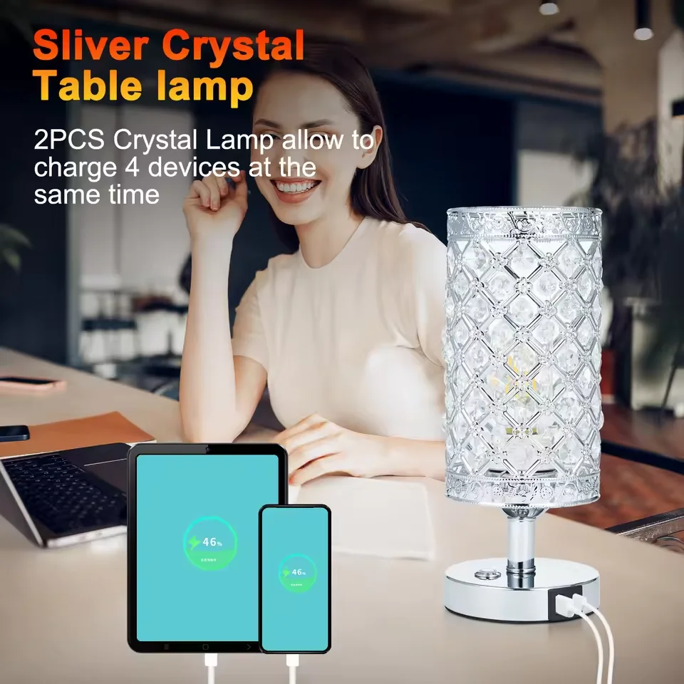 USB 크리스탈 터치 테이블 램프 3000K 따뜻한 흰색 LED 전구 USB C+A 충전 포트 4000MAH 배터리 침실 스탠드 조명 6W