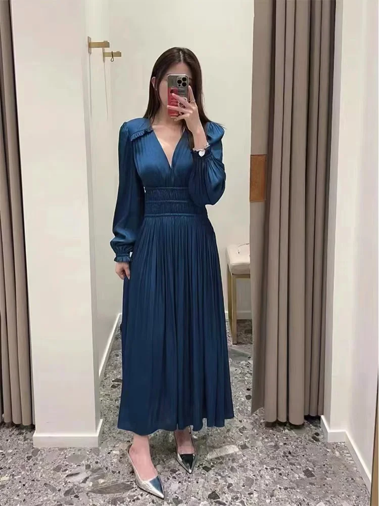 France Vintage Solid Satin Dress For Women V Neck Lantern Sleeve High Waist Pleated Elegant Dresses Female Fashion New Clothing