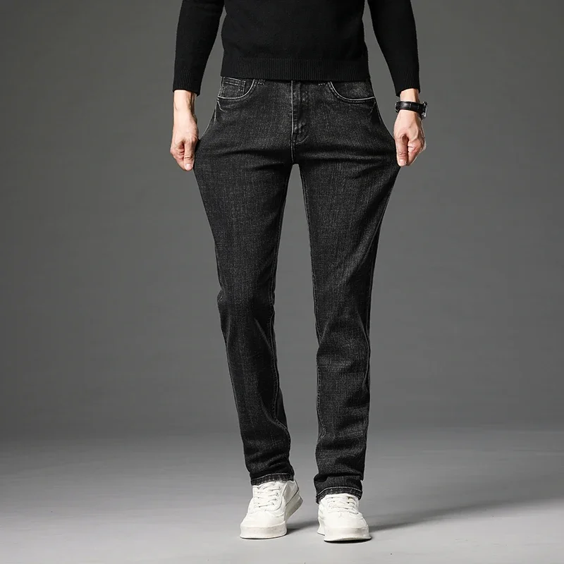 Vintage Classic Cotton Men\'s Casual Slim Jeans Stretch Straight Leg Versatile Fashionable Denim Long Pants Male Black Blue