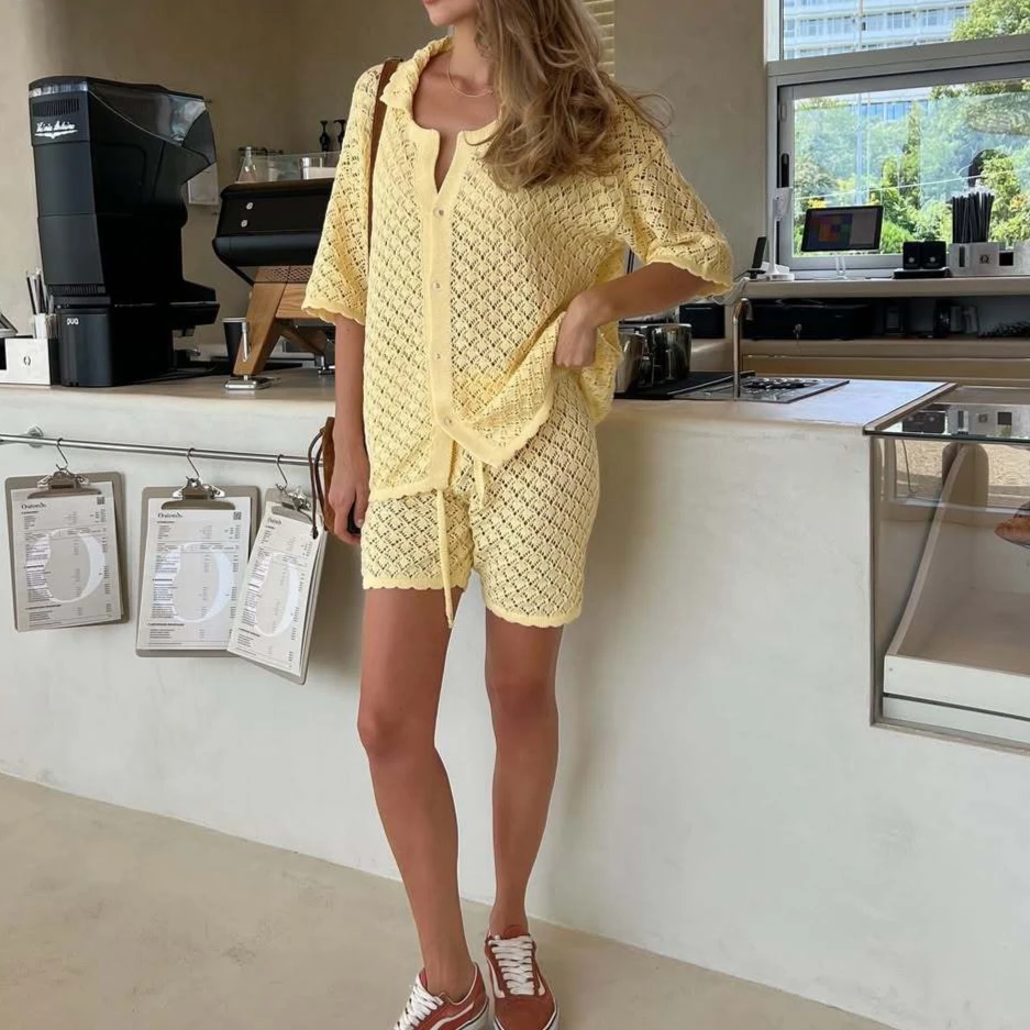 

Knitted Matching Sets Women Short Sets Skirts Single Breasted Cardigan Hollow Two Pieces Loose Casual Summer 2025 Beach Style