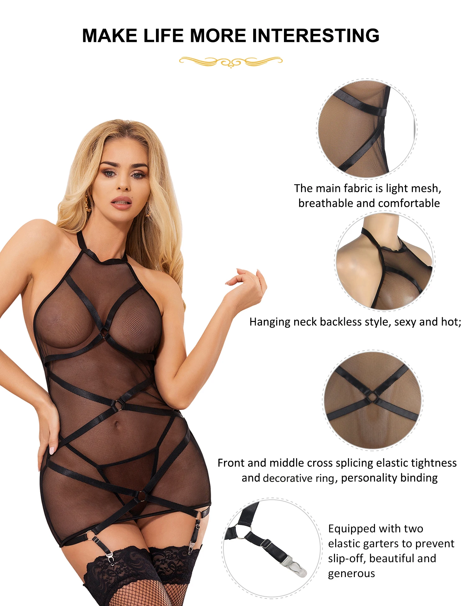 Comeondear Fishnet Babydoll Lingerie Sets Erotic Sexy Halter Bodystocking Black Transparent Nighty Pajamas With Stocking Belts