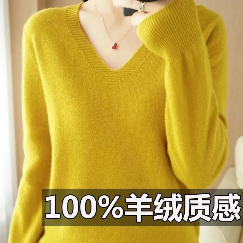 

2025 Autumn Winter New Women's Plus Size Sweater V-neck Chicken Collar Knitted Bottom Loose Female Wear Korean Student Tops