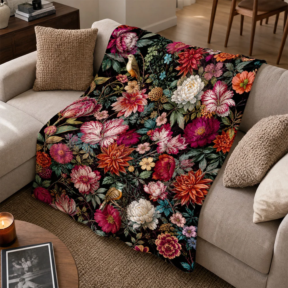 Luxurious Botanical Floral Throw Blanket for Sofa Couch Living Room Decor Boho Cottagecore Style Fall Winter Seasonal Accent