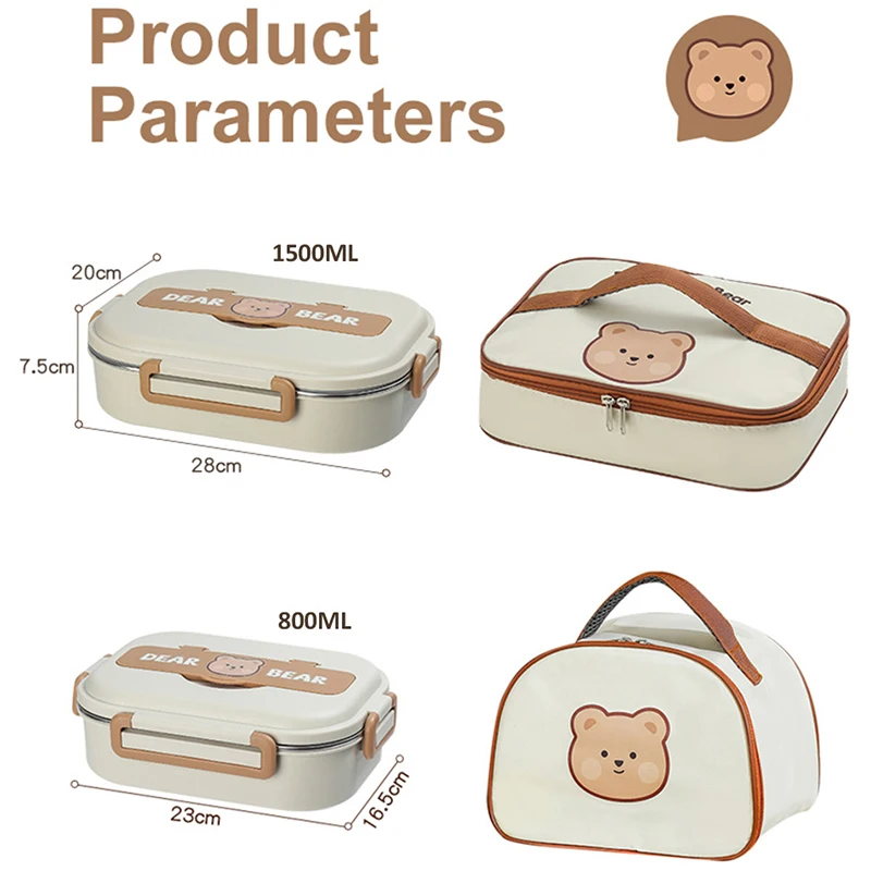 304 Stainless Steel Lunch Box Cute Bear School Students Sealed Bento Box with Bag Microwavable Insulated Food Storage Containers