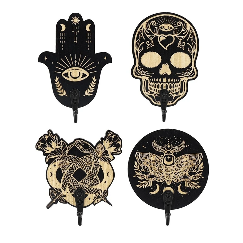 4 Pcs Wooden Wall Hooks For Wall Hamsa Hand Key Holder Skull Zen Spiritual Moon Key Holder