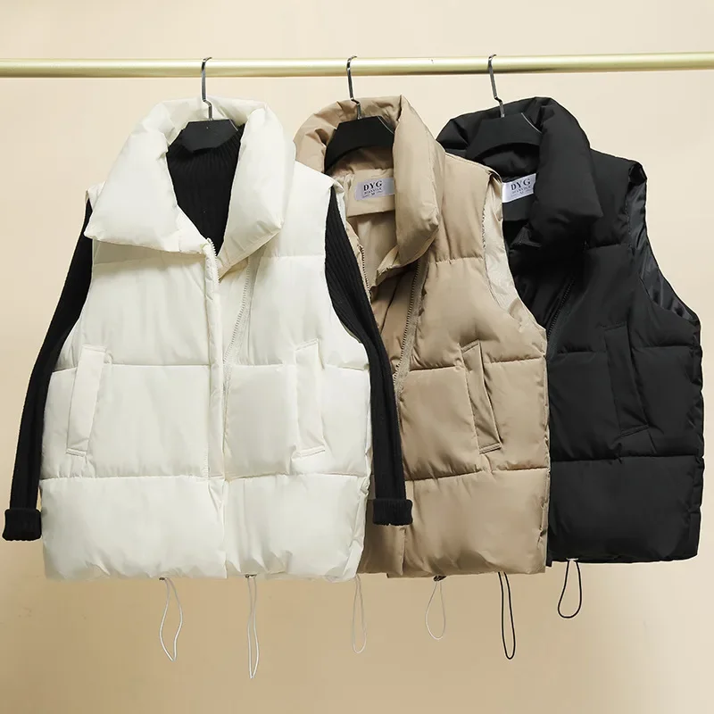 Women Vest Parkas Sleeveless Solid Jackets Zipper Splice Thick Vests Pockets Stand Collar Coats Warm Elegant Lady Parka