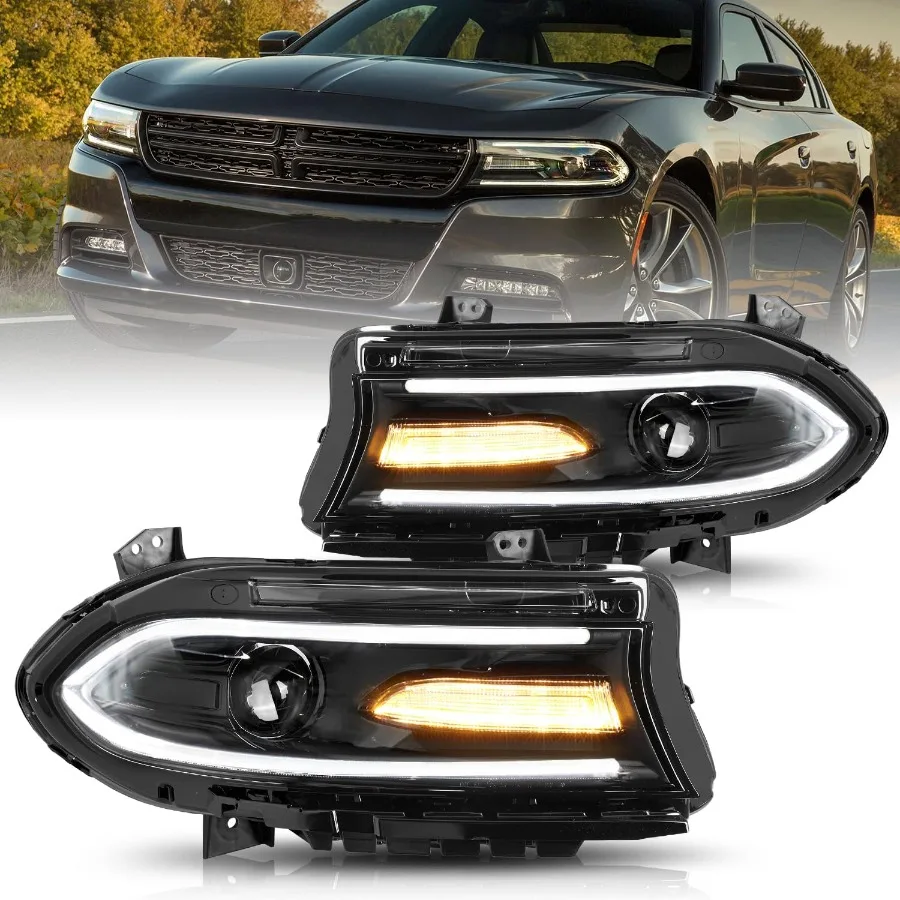 

Halogen Headlights Assembly Compatible with Dodge Charger 2015-2023 Headlamp with Dual LED Bar DRL Pair Left Driver LH Right Pa