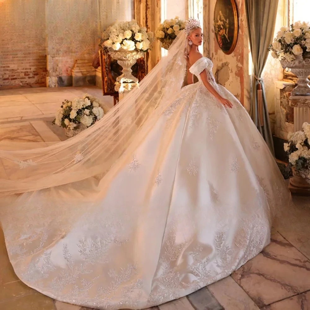Customized Luxury Puffy Ball Gown Wedding Dresses Beaded Embroidery Appliques Lace Illusion Neck Bridal Gowns Vestido De Novia