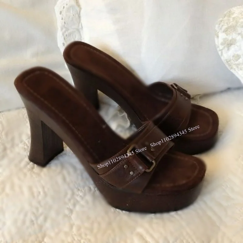 

Brown Slip On Buckle Cut Out Sandals Chunky Heel Sexy Fashionable Cool Summer Casual Big Size Woman Shoes Zapatillas Mujer