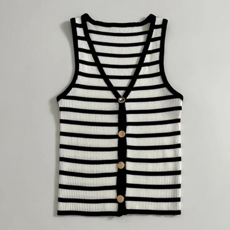 

Dave&Di French Fashion Women's Black And White Striped Knitted Tank Top 2026 Summer T-shirt Woman Clothes Female Clothing