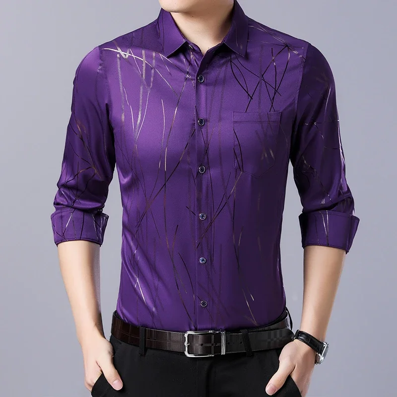 Kemeja kerah bercetak lengan panjang pria, untuk mode musim semi musim gugur nyaman tanpa disetrika