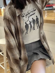 Vintage Plaid Cotton Shirts Women Summer Y2K Casual Turn Down Collar Long Sleeve Button Shirt Retro Classic Loose Tops Clothes