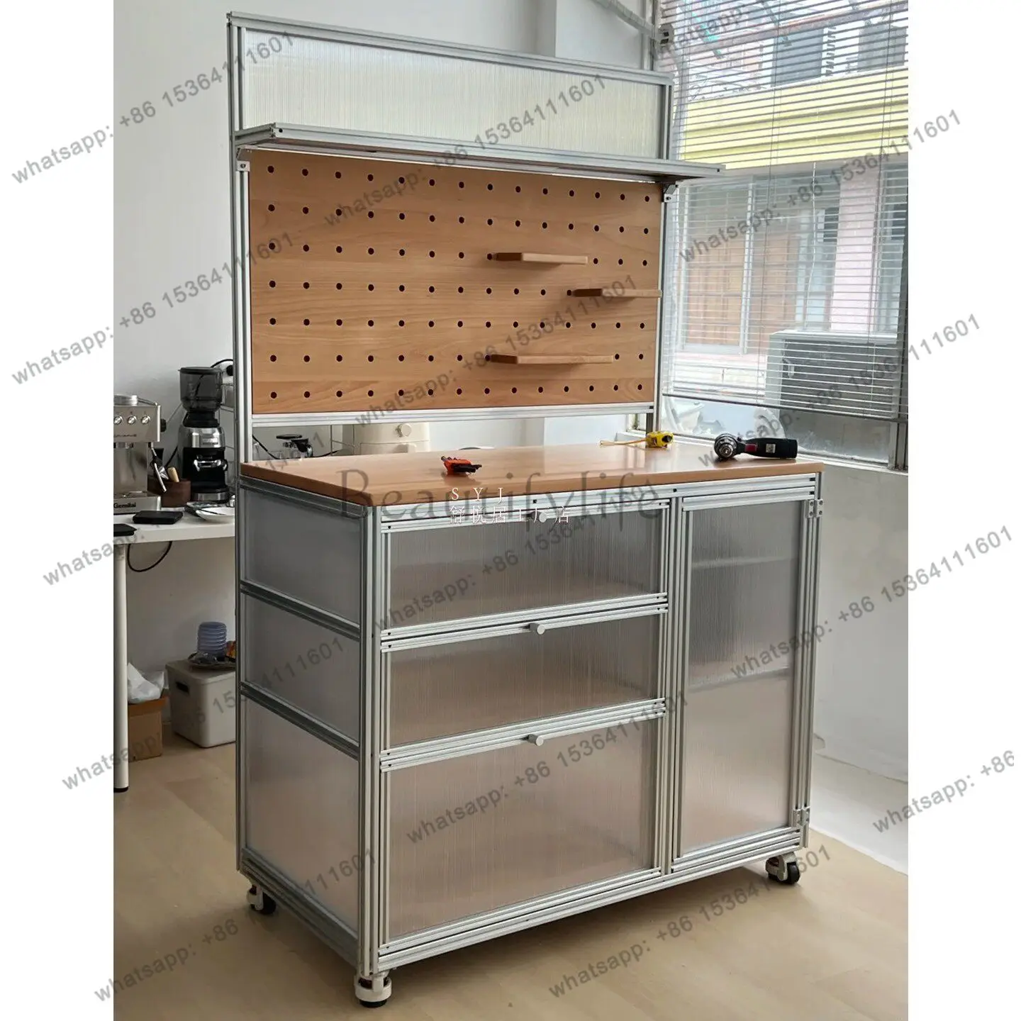 Aluminum profile mobile side cabinet with wheel multi-layer storage rack acrylic tool table