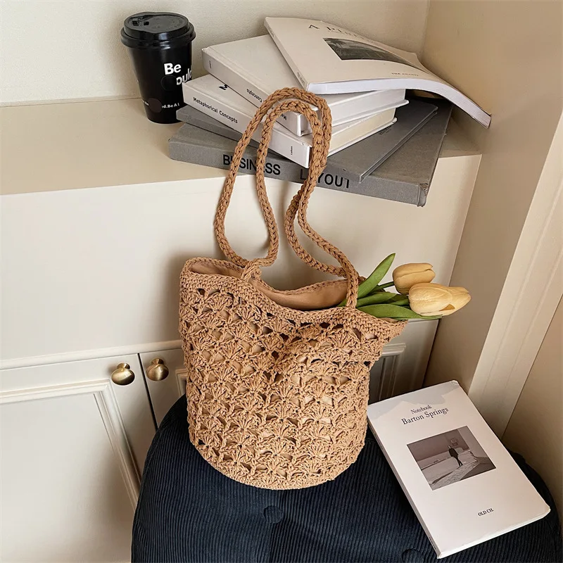 

2025 Summer Openwork Bucket Bag for Women Korean-Inspired Hand-Woven Adjustable Drawstring Underarm Purse with Top Handle