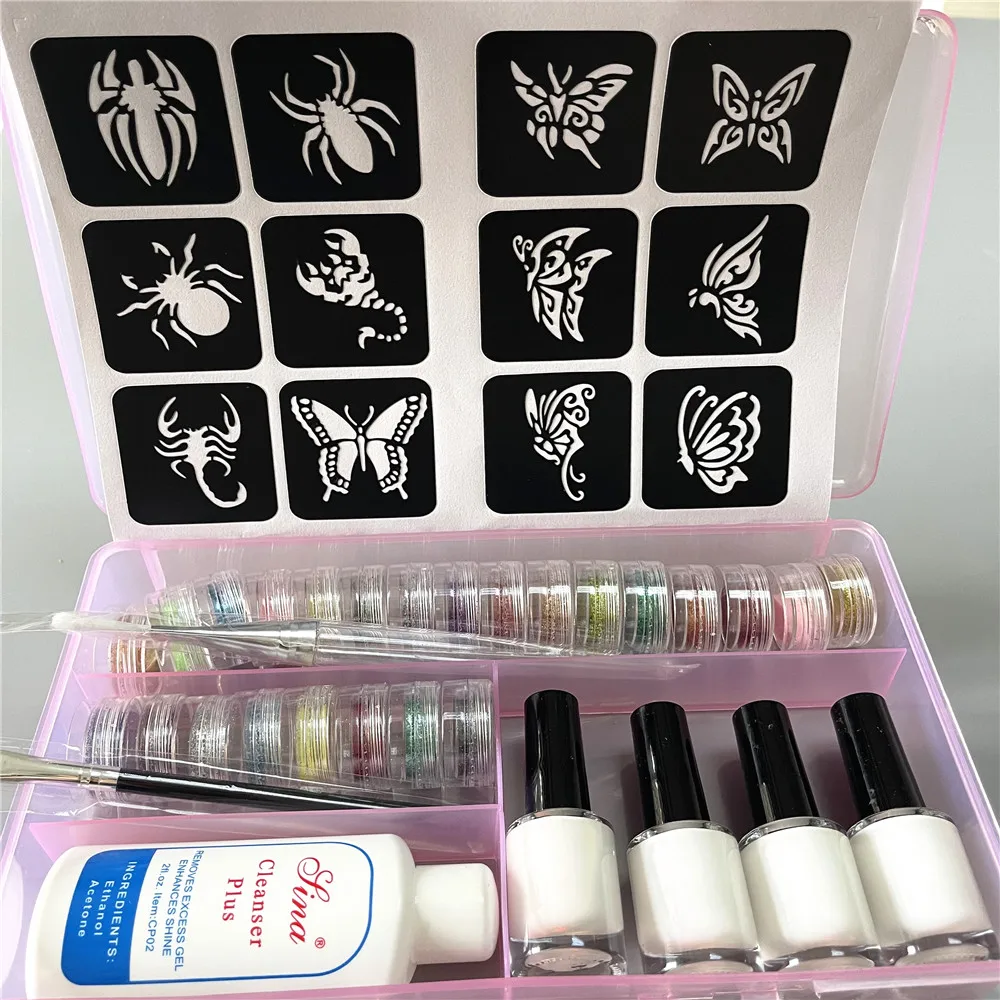 

24 красочных блестящих пудры, временные кисти для макияжа для татуировок, клеевые полые шаблоны, трафареты для детей, вечерние наборы для дизайна ногтей для лица и тела