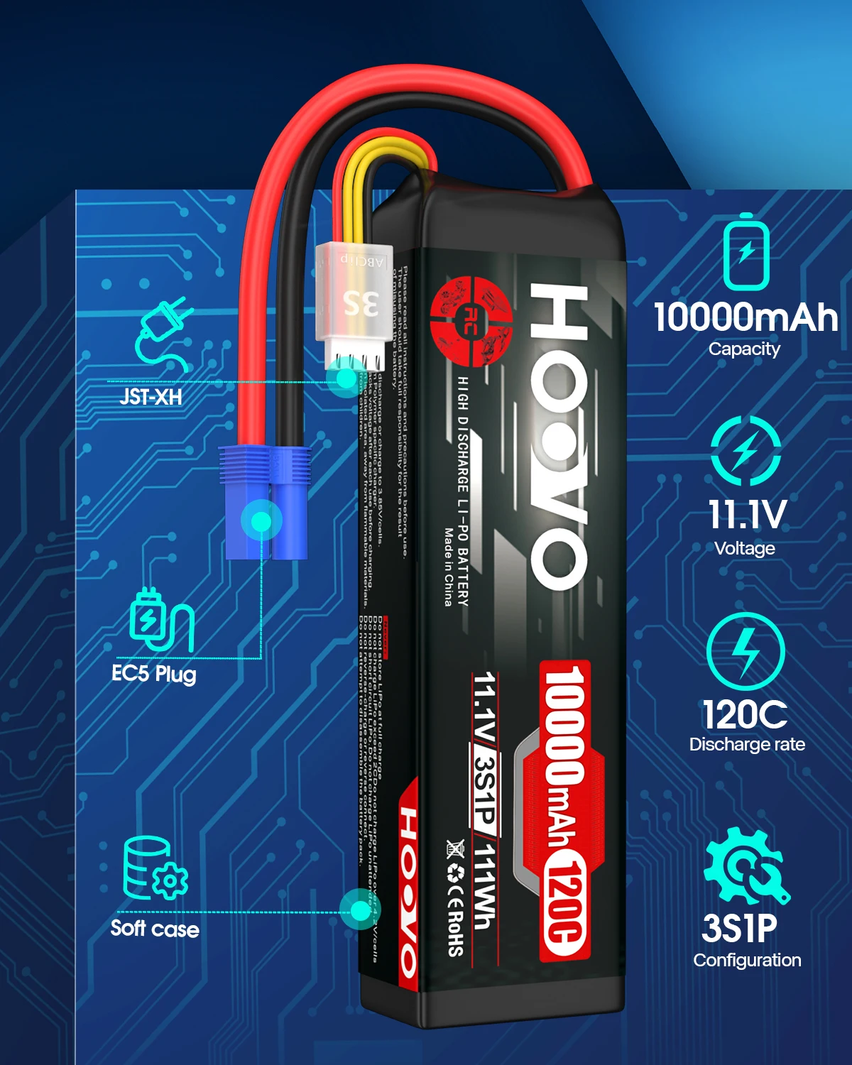 2Pcs HOOVO 3S Lipo Battery 11.1V 10000mAh 120C RC Lipo Battery Softcase EC5 Plug for RC Cars Drones, DJI, FPV, RC Plane, Racing