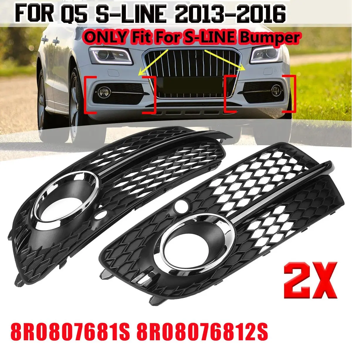 Left Front Bumper Fog Light Honeycomb Grille Cover 8R0807681S for Audi Q5 Sport 2013-2017 Lower Grille Fog Lamp Bezel