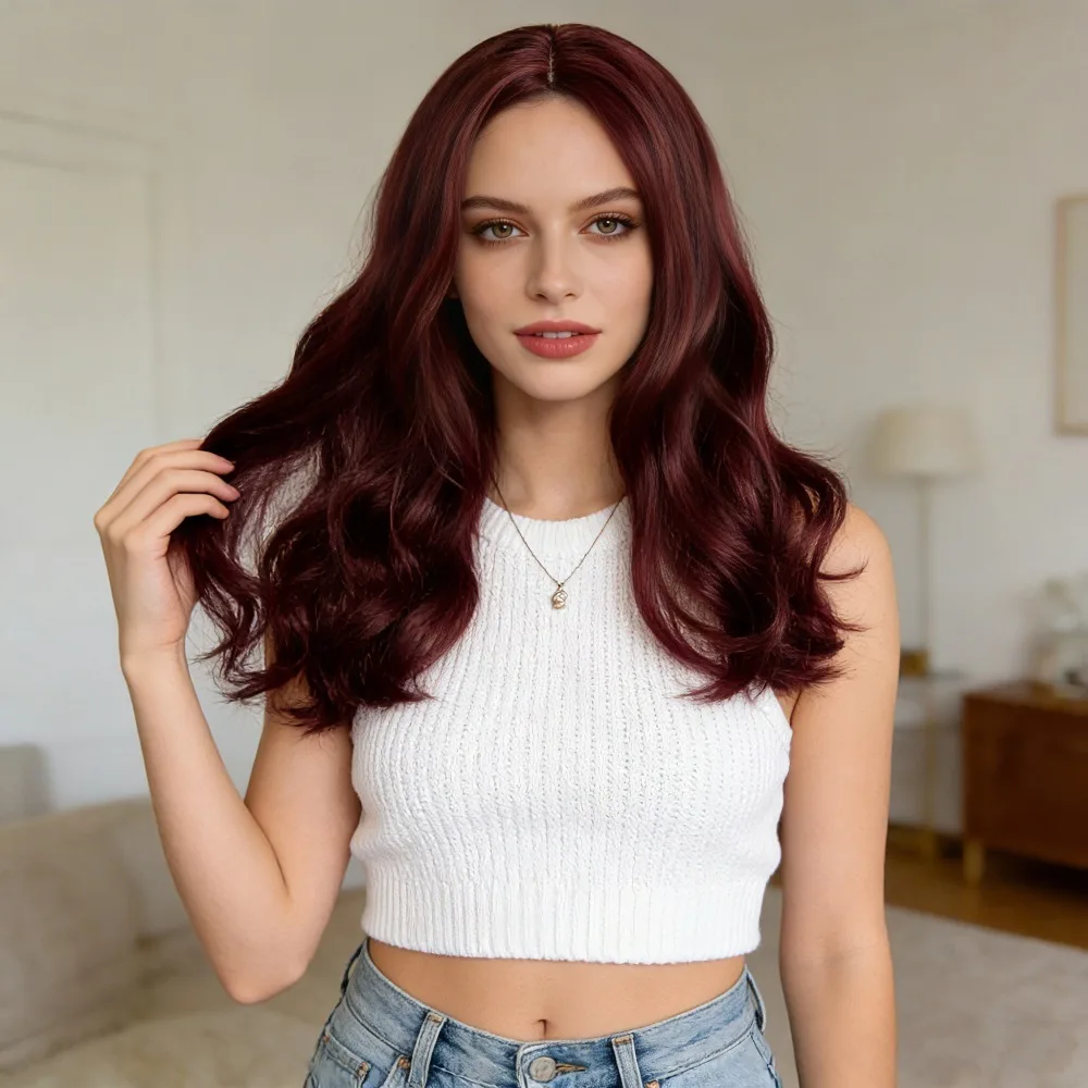 Women's Wig Wine Red High-temperature Silk Long Curly Hair Mid Cut Bangs and Synthetic Hair Party Dress Up Hair Cover