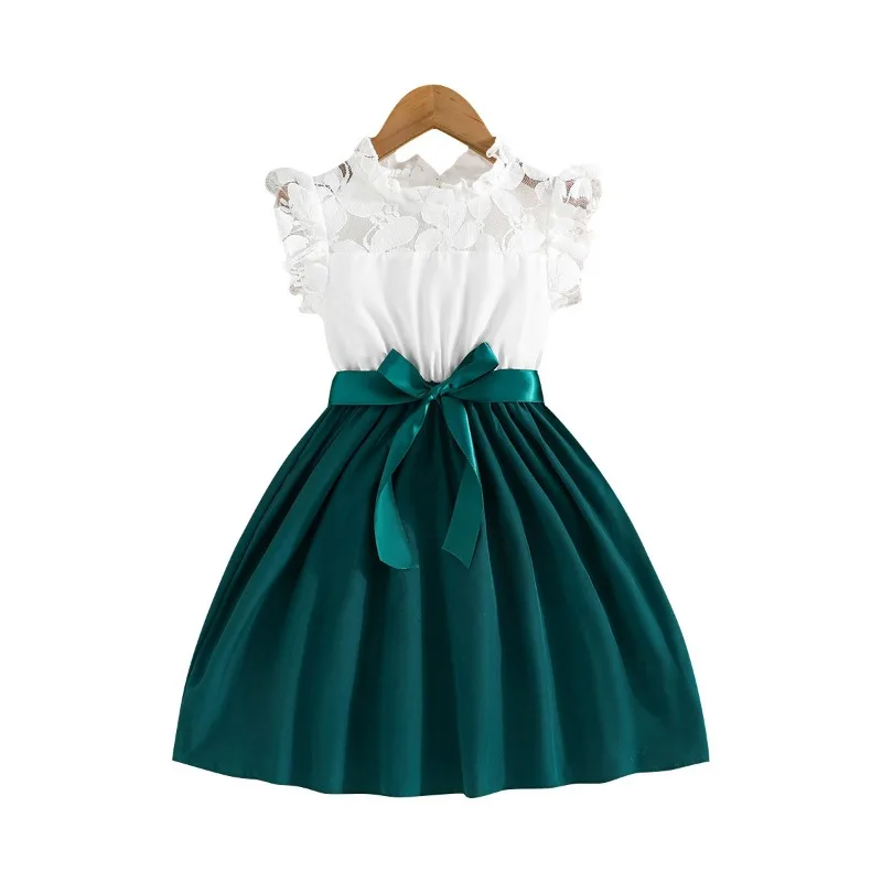 Vestido para crianças de 4 a 7 anos, aniversário, renda, manga com babados, botão, costas, vestidos de princesa, ootd para bebês meninas