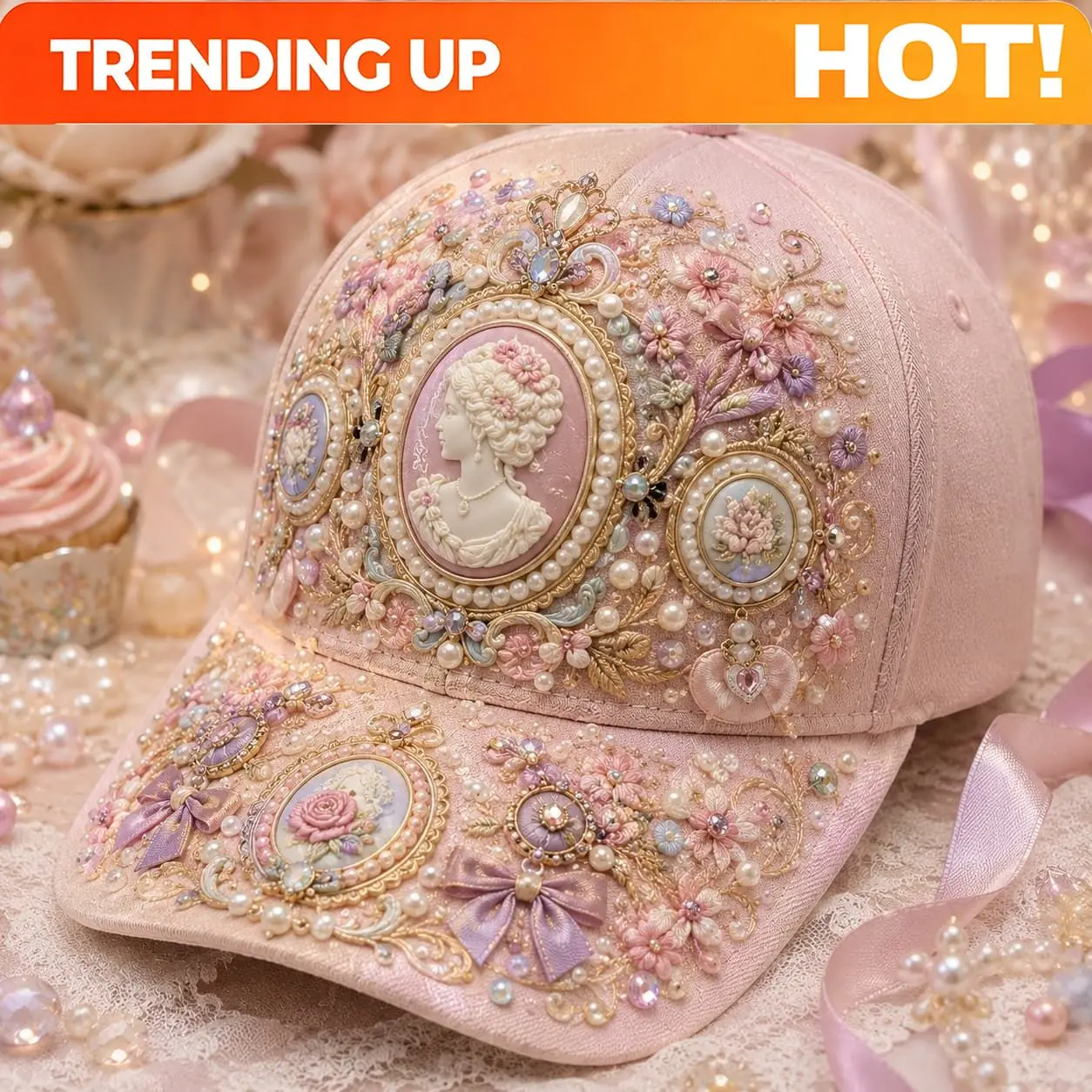 Customization Cameo Rose And Pearls Unisex Baseball Cap For Women And Men, Blush Pink Vintage Romantic Hat With Classic Cameo Po