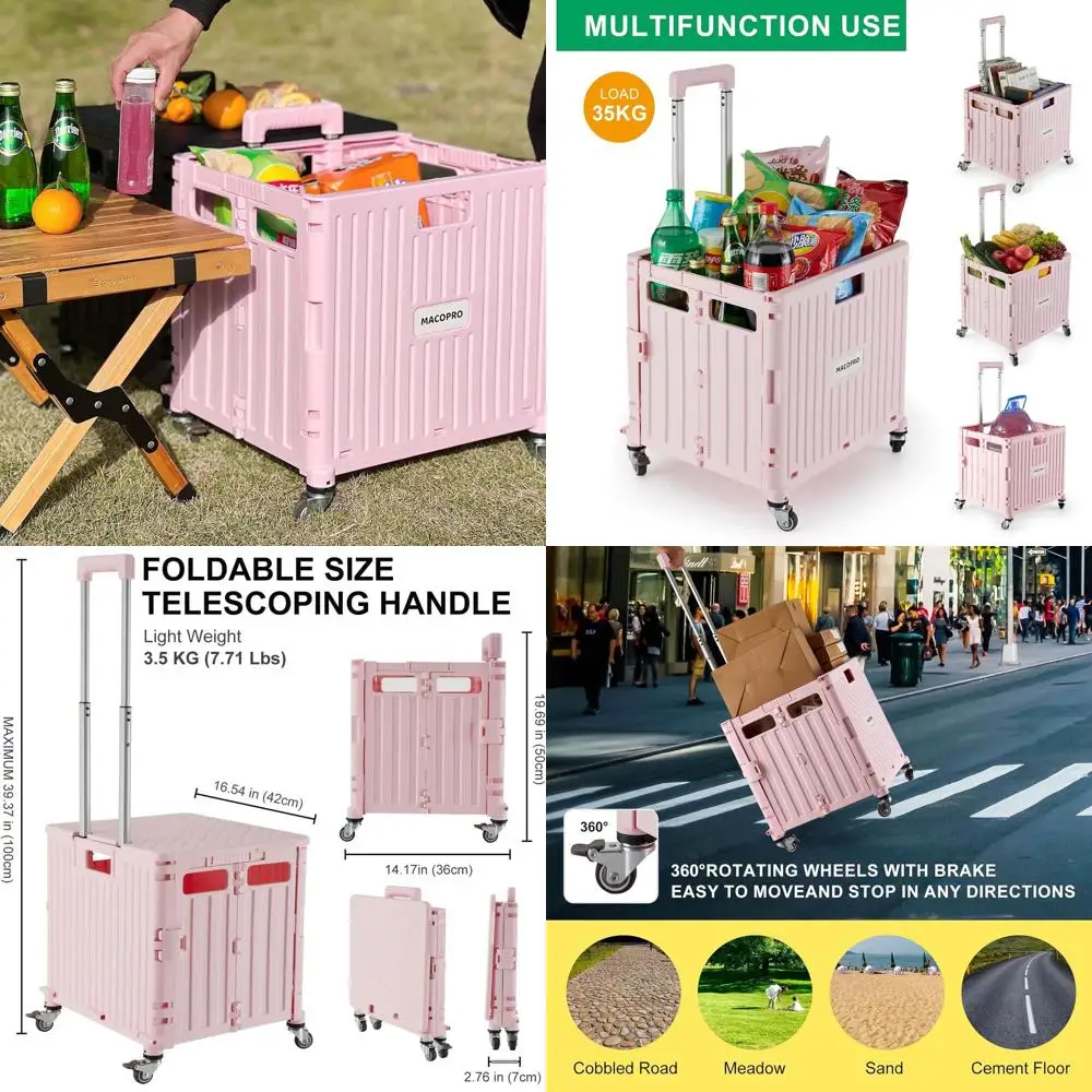 

Portable Folding Shopping Cart with Collapsible Crate, 4 Swivel Wheels, for Grocery, Office, and School Use (Pink)