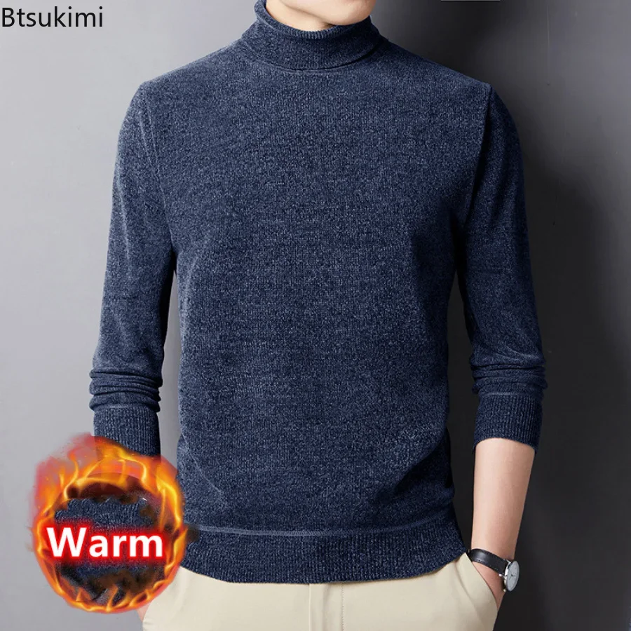 Sweter Hangat Rajutan Musim Gugur Musim Dingin Pullover Solid Turtleneck Pria Mode Penebalan Atasan Pullover Lengan Panjang Usia Menengah