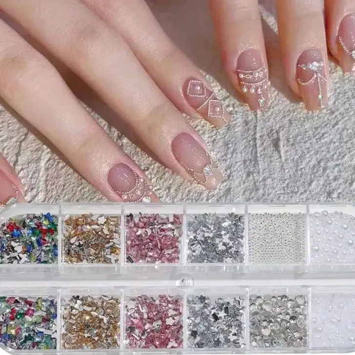 12Grid 3D Shiny Nail Crystal Charms White Pearl & Silver Caviar Beads Nail Rhinestones Star Moon Multi-shape Crystal Nail Gems