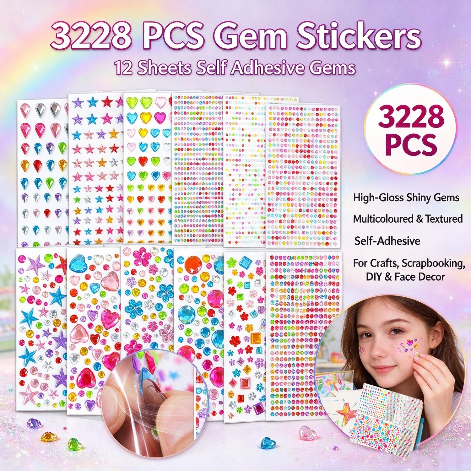 3228 PCS Gem Stickers,12 Sheets Self Adhesive Gems, Multicoloured Stick on Gems,Rhinestone Stickers for DIY & Face Decorations
