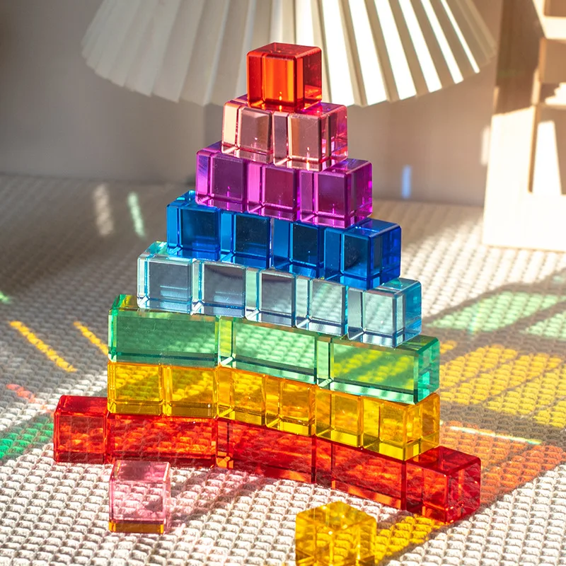 16MM High Transparent Tainbow Crystal Acrylic Cube Stacked Gem Blocks For Children To Learn Colorful Light Building Blocks