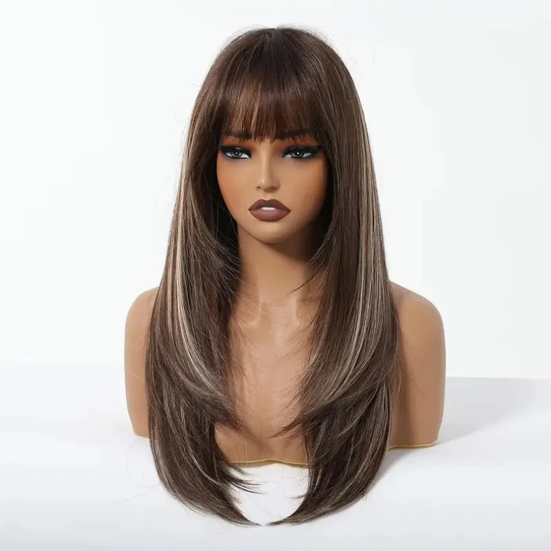 オンブルブラウンブラックハイライトロングストレート合成かつら前髪付きコスプレウィッグ女性用高温ナチュラルフェイクヘア