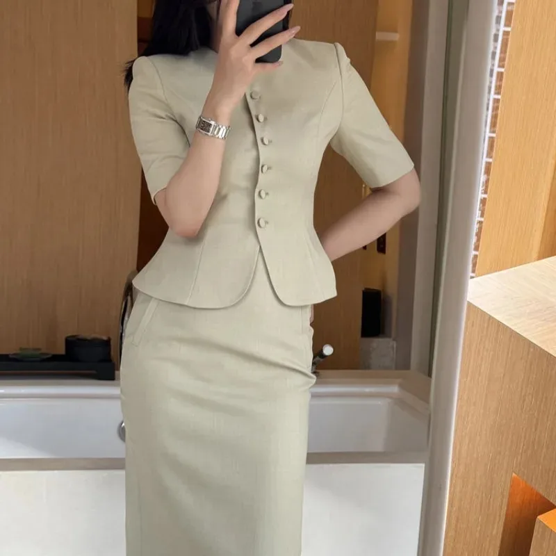 Office Sexy Women\'s Two Piece Set Short Sleeve Female Outfits Midi Solid Color Skirt Suits Clothing Trend 2024 Korean Style Full