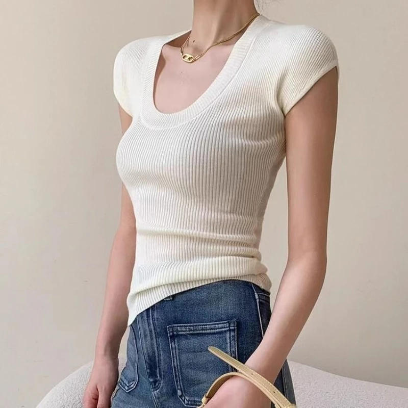 2026 Basic U-neck Solid Thin Summer Pullover Women Female Knitted Ribbed Sweater Slim Short Sleeve Bodycon T-Shirt