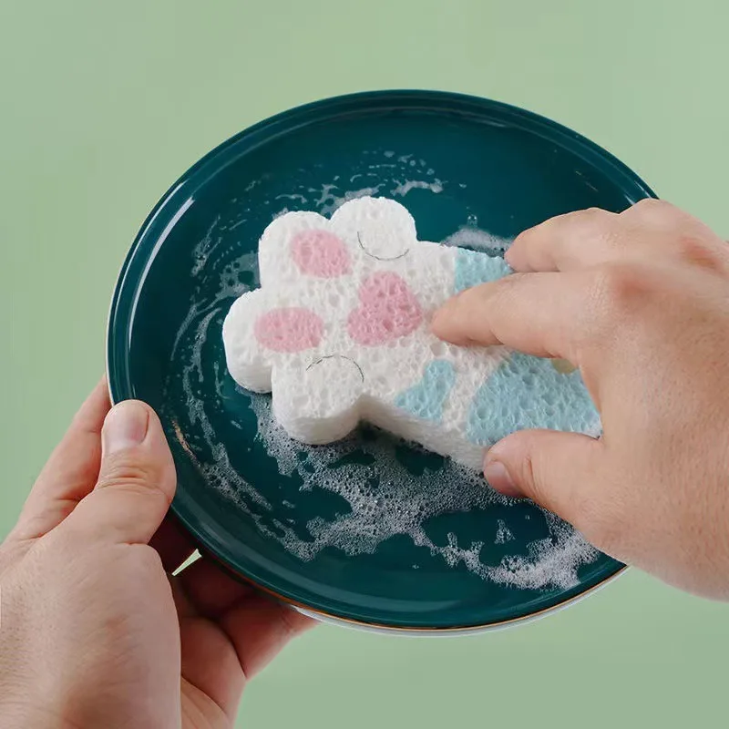 Compressed wood pulp sponge wipe cartoon cat paw wash dishes wipe kitchen supplies clean water absorption non-oil