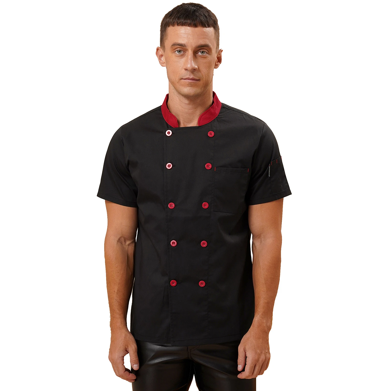 Mens Womens Chef Jacket Short Sleeve Double-Breasted Cooking Coat Kitchen Restaurant Uniform Tops with Pockets for Food Service