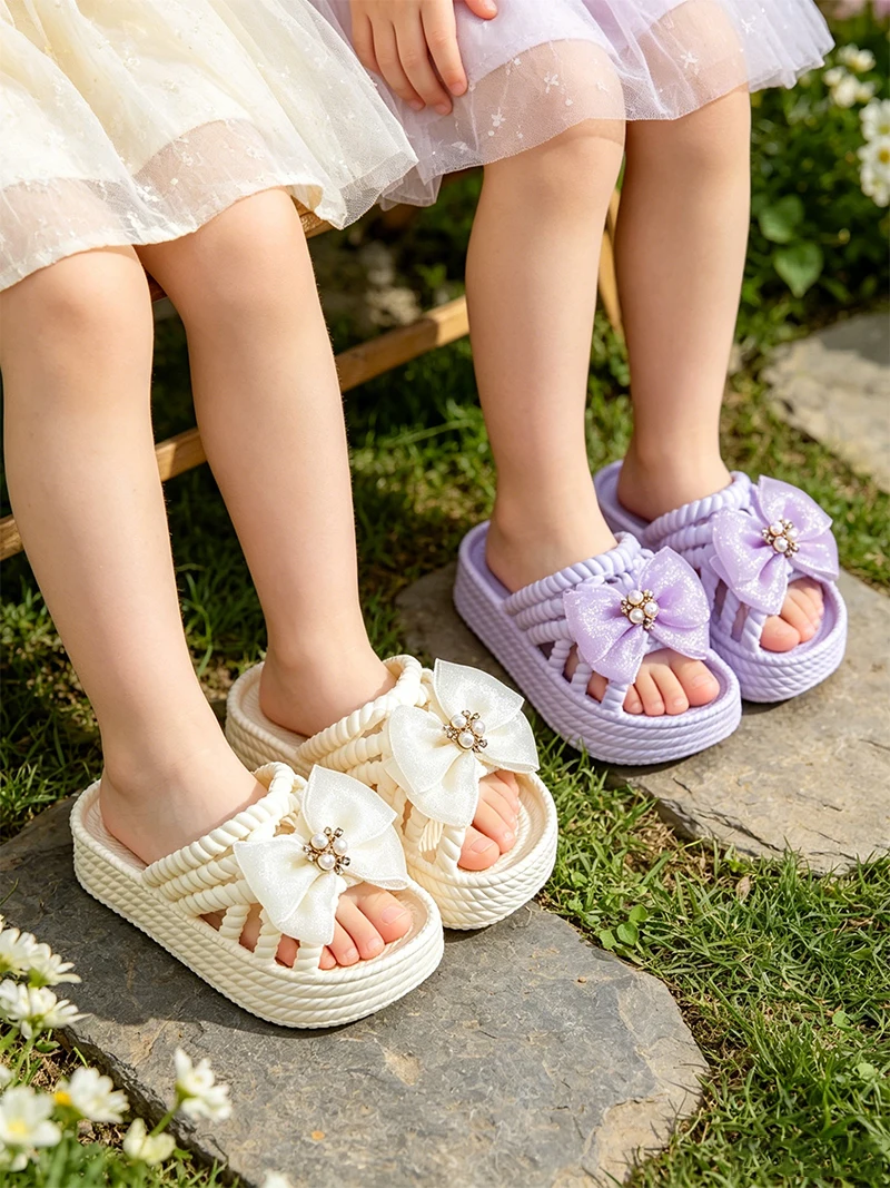 Süße Prinzessinnen-Sandalen für Mädchen mit Spitze und Perlen-Schleife, Gewebte Ausgehöhlte Dicke Plattform Rutschfeste Sommer-Pantoffeln – Detail 2