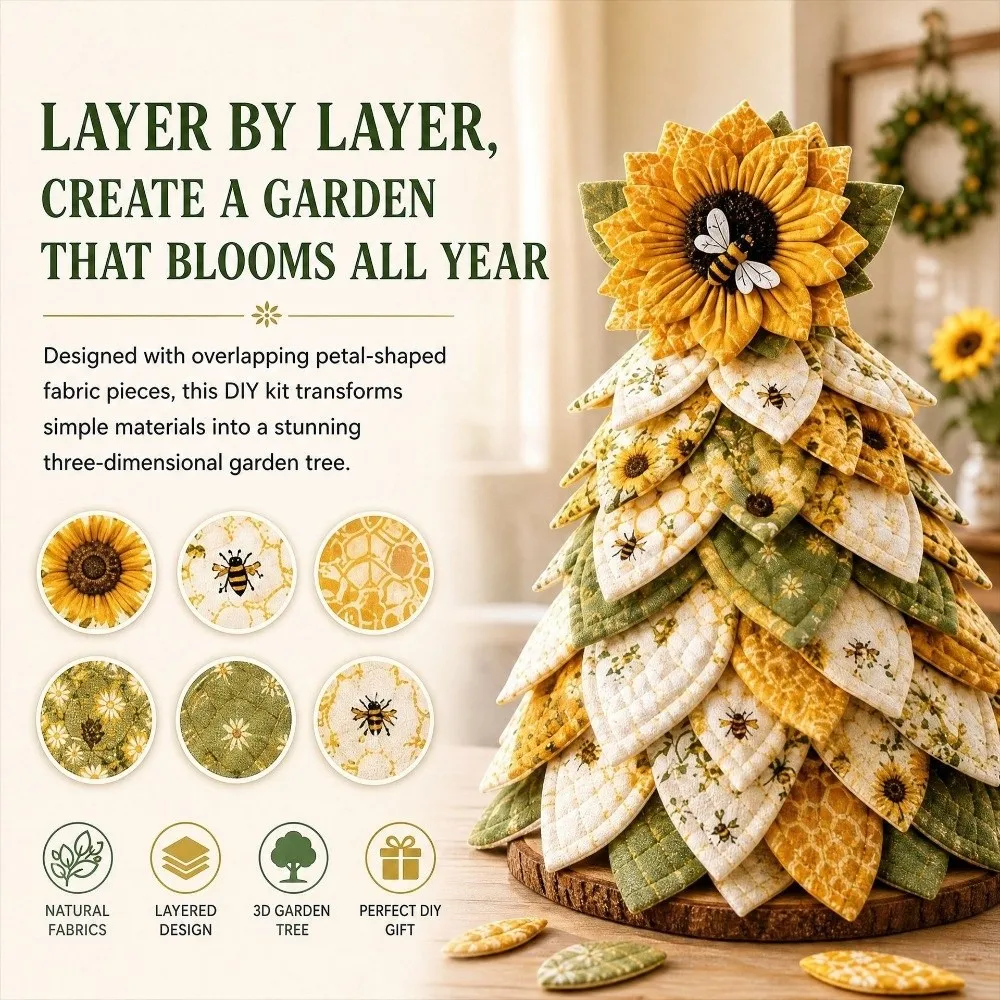 Vintage DIY Quilted Christmas Tree Kit Sunflower Layered 3D Tabletop Christmas Sewing Kit Handcraft Beginner‑Friendly