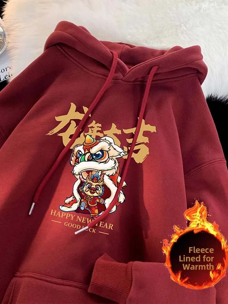 

Красная мужская толстовка с капюшоном на флисовой подкладке, одежда Dragon Year Luy, молодежная куртка в американском ретро-стиле для пар, повседневная свободная куртка