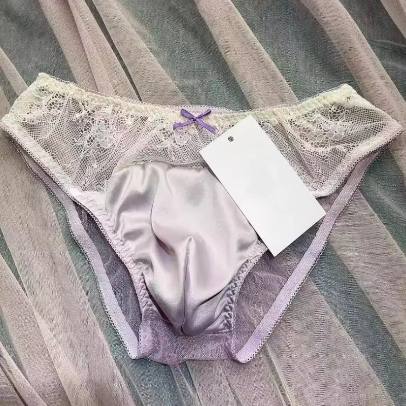 Men's Convex Pouch Satin Lace Mesh Sexy Underwear Comfortable Breathable Sweet Soft Low Waist Briefs For Cross-dressing